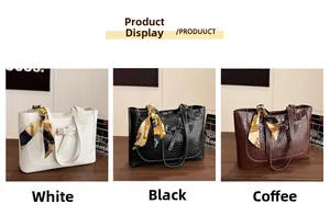 Three elegant tote bags with crocodile texture in white, black and coffee with silk scarves