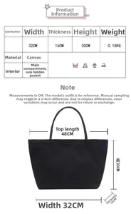 Detailed size chart for black canvas tote bag showing dimensions and interior structure