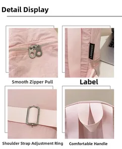 Détail du sac à dos rose: doubles fermetures éclair, boucle en métal et poignée robuste