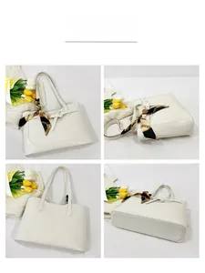 Multiple views of a white crocodile pattern tote bag with decorative silk scarf and gold hardware
