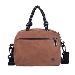 Brown suede crossbody bag with woven knot handle and front zipper pocket on white background