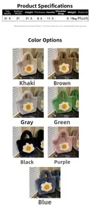 Detail showing plush crossbody bag dimensions and variety of available color options