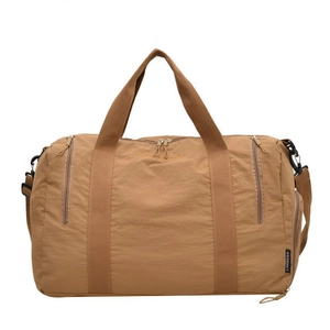 Khaki large capacity nylon gym bag with adjustable shoulder strap for travel and sports