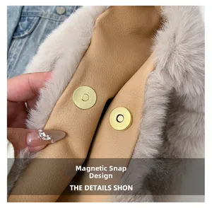 Detail of magnetic closure and faux fur texture on a large capacity crossbody bag
