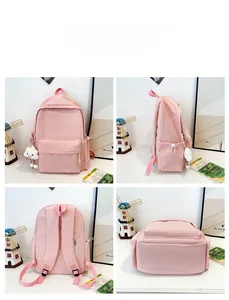 Detail shots showing the front, side and back of a pink checkered canvas backpack