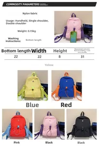 Infografik mit Details zum leichten Nylonrucksack und verschiedenen Farboptionen