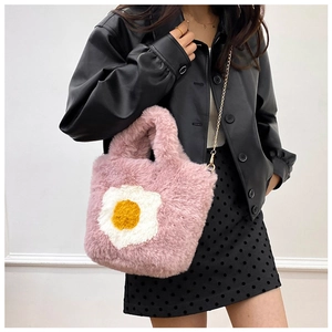 Plush pink crossbody bag with fried egg pattern and gold chain strap for women