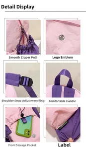 Detailansicht des rosa-violetten Nylonrucksacks mit Metallreißverschlüssen und Markenlogo