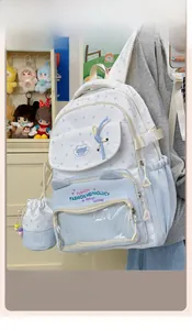 Detail view of starry blue cat-themed backpack featuring front transparent window and pocket