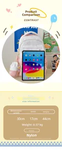 Size chart for white star cat school backpack showing dimensions 30x17x44cm and nylon material