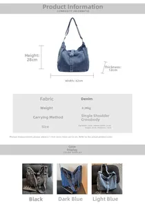 Detailed size specifications for the large capacity vintage denim tote bag in various colors