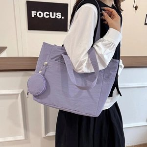 Purple large capacity nylon tote bag for women with round coin purse and front pocket