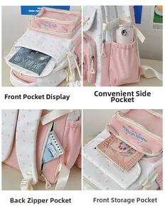 Detail view of pink student backpack showing front pockets, side bottle pouch and anti-theft pocket