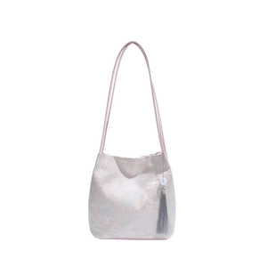 Chinese style embroidered tote bag with landscape pattern and grey silk tassel pendant