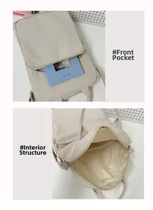 Dettaglio della tasca frontale con zip e dello scomparto principale della borsa oxford beige