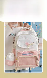 Detailed view of pink star backpack with transparent PVC window and mini side pouch
