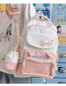 Detail of cute cat ear backpack with star patterns and clear window for pins