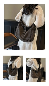 Detail view of retro washed denim tote bag with front flap pocket and adjustable buckles