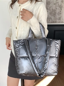 Chic silver metallic quilted tote bag large puffer shoulder bag for stylish women