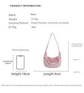 Pink nylon crossbody bag size comparison showing capacity for iPhone 16 Pro Max