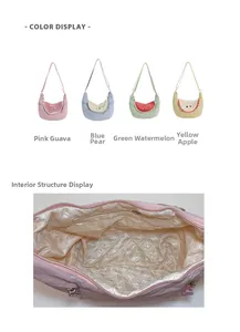 Detailed interior of quilted fruit crossbody bags showing zipper pocket and spacious design