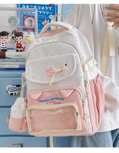 Close-up of pink star pattern and clear PVC pocket on the cute cat-ear school backpack