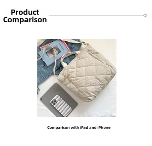 Size comparison of quilted tote bag next to iPad and iPhone on stylish background