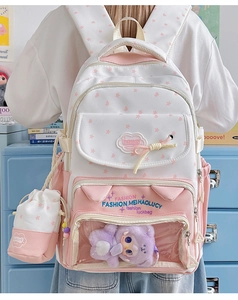 Detail of cute star pattern backpack with transparent window and purple plush doll charm