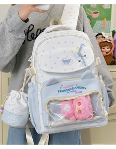 Close-up of starry blue backpack with transparent front pocket for plush toys