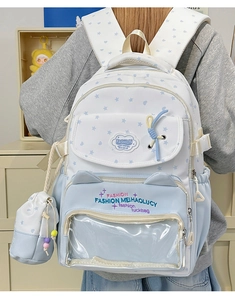 Detail of star pattern backpack featuring cloud badge and transparent PVC window display