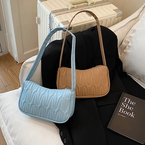 French Style Mini Underarm Bag For Women Fashion Synthetic Leather Wavy Quilted Shoulder Bag Solid Color Casual Handbag