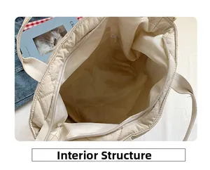 Interior view of off-white quilted tote bag showing large capacity and zipper closure