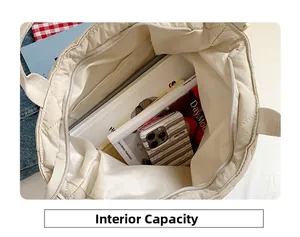 Macro detail of spacious internal capacity with zip pocket in off-white quilted tote bag