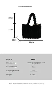 Size chart for black plush tote bag with detailed product dimensions and material specs