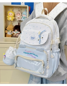 Detail of light blue cat-ear school backpack with transparent heart pocket and star pattern