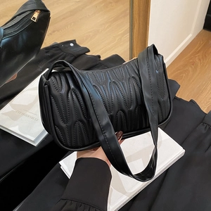 French style black pleated underarm bag for women with quilted design and handle