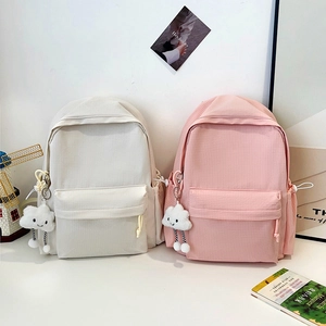 Minimalist large capacity school backpack with cloud pendant in white and pink color