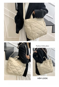Detailed views of beige quilted tote bag showing side pockets and versatile strap system
