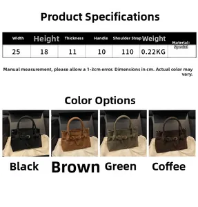 Size chart showing dimensions for vintage suede tote bag with four color options