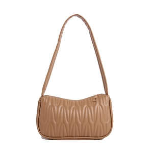 French style wave quilted shoulder bag in light brown faux leather with gold zipper detail