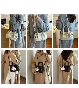 Detail view of stylish tote bag with decorative strap and husky plush charm in six-grid layout