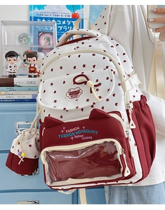 Detailed close-up of school backpack with star patterns and front utility pockets