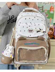 Detail view of student backpack with heart star patterns and transparent window pocket