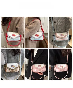Collage of fashion plaid crossbody bags with apple embroidery shown on model