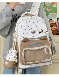 Detail view of cat-ear school backpack with clear PVC heart window and star pattern