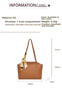 Brown PU leather tote bag details showing size dimensions and silk scarf handle decor