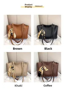Detailed views of leather tote bags with silk scarves in brown, black, khaki, and coffee