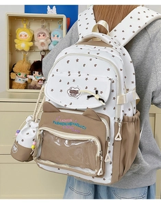 Detail view of a cute star cat student backpack with a transparent PVC front window pocket