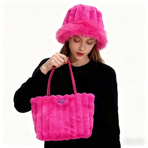 Faux Fur Tote Bag And Bucket Hat Set Winter Warm Thick Plush Vertical Striped Texture Women Matching Accessories
