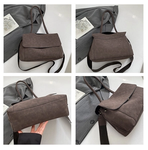 Detailed four-way view of deep brown tote bag with wide strap and matte vintage texture